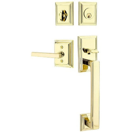 Emtek Hamden Tubular Entrance Handleset With Freestone Lever in Unlacquered Brass finish