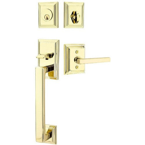 Emtek Hamden Tubular Entrance Handleset With Freestone Lever in Unlacquered Brass finish