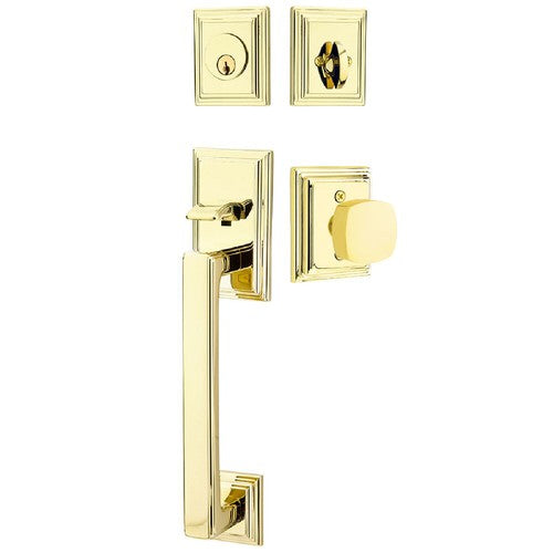 Emtek Hamden Tubular Entrance Handleset With Freestone Square Knob in Unlacquered Brass finish