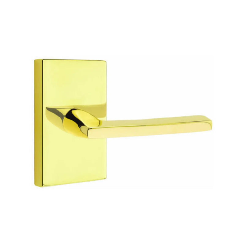 Emtek Helios Lever With Modern Rectangular Rosette in Unlacquered Brass finish