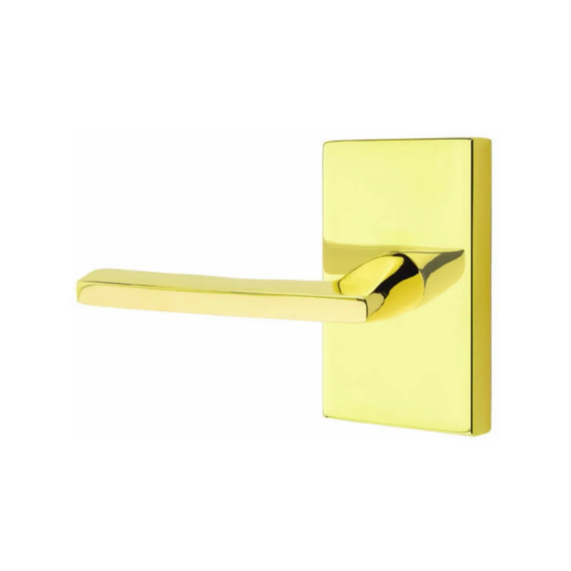 Emtek Helios Lever With Modern Rectangular Rosette in Unlacquered Brass finish