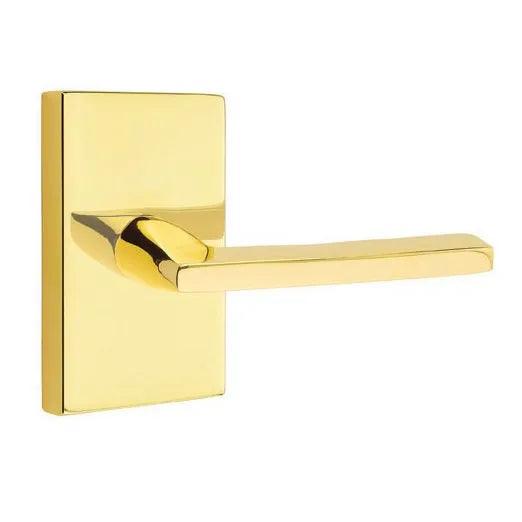 Emtek Helios Lever With Modern Rectangular Rosette in Unlacquered Brass finish