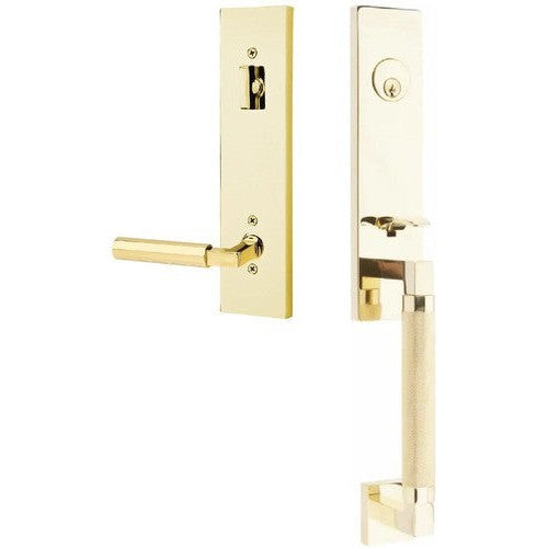 Emtek Hercules Knurled Monolithic Tubular Entry Set with Hercules Lever in Unlacquered Brass finish