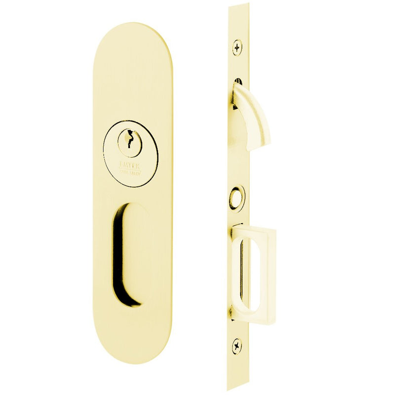 Emtek Keyed Narrow Oval Pocket Door Mortise Lock in Unlacquered Brass finish