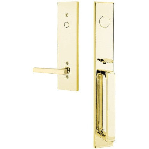 Emtek Lausanne Entrance Handleset With Freestone Lever in Unlacquered Brass finish