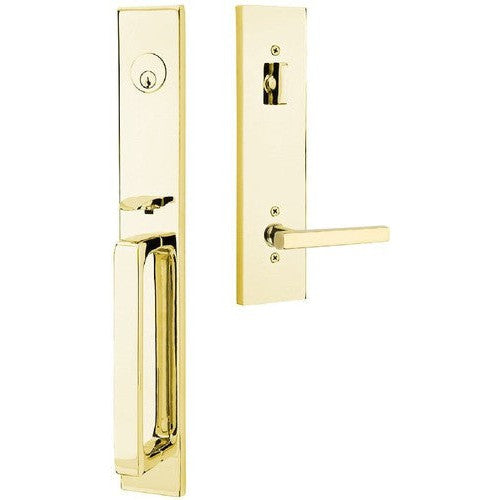 Emtek Lausanne Entrance Handleset With Freestone Lever in Unlacquered Brass finish