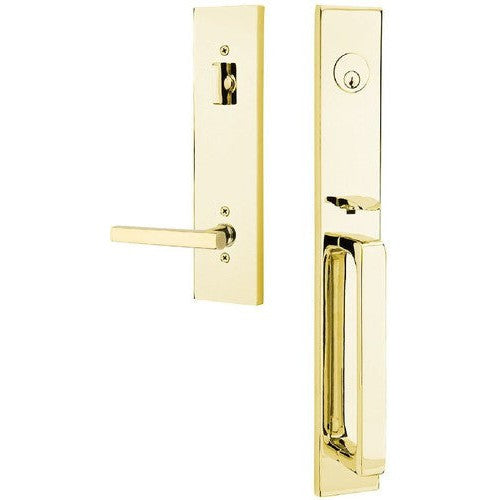 Emtek Lausanne Entrance Handleset With Freestone Lever in Unlacquered Brass finish