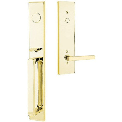 Emtek Lausanne Entrance Handleset With Freestone Lever in Unlacquered Brass finish