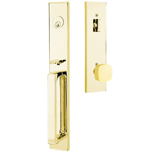 Emtek Lausanne Entrance Handleset With Freestone Square Knob in Unlacquered Brass finish