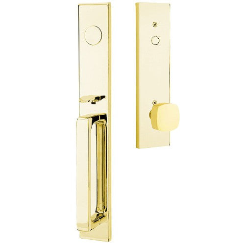 Emtek Lausanne Entrance Handleset With Freestone Square Knob in Unlacquered Brass finish