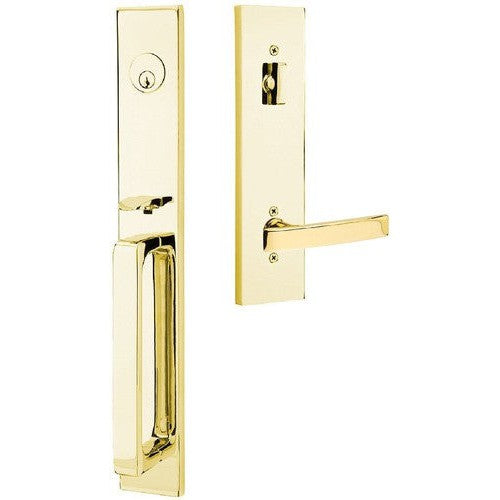 Emtek Lausanne Tubular Entrance Handleset Single Cylinder with Geneva Lever in Unlacquered Brass finish