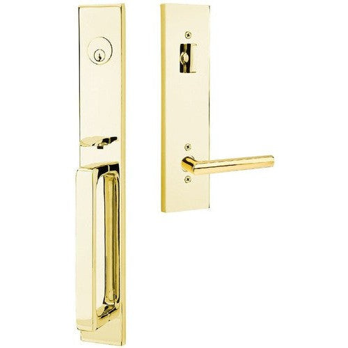 Emtek Lausanne Tubular Entrance Handleset With Stuttgart Lever in Unlacquered Brass finish