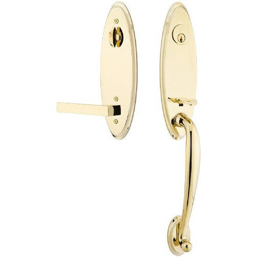 Emtek Marietta Tubular Entrance Handleset With Dumont Lever in Unlacquered Brass finish