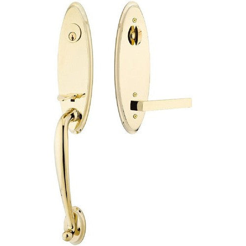 Emtek Marietta Tubular Entrance Handleset With Dumont Lever in Unlacquered Brass finish