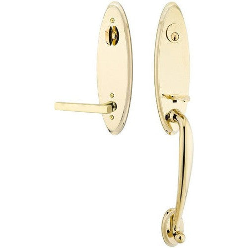 Emtek Marietta Tubular Entrance Handleset With Freestone Lever in Unlacquered Brass finish