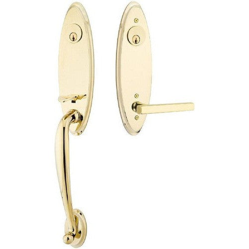 Emtek Marietta Tubular Entrance Handleset With Freestone Lever in Unlacquered Brass finish