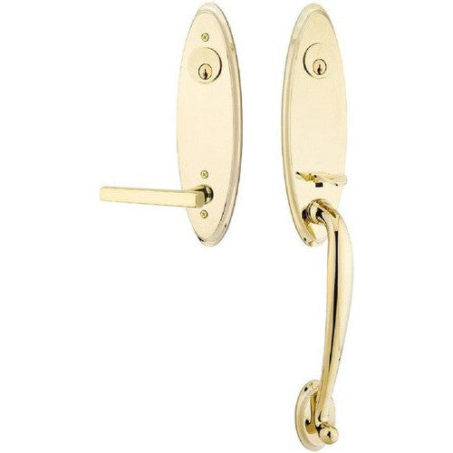 Emtek Marietta Tubular Entrance Handleset With Freestone Lever in Unlacquered Brass finish