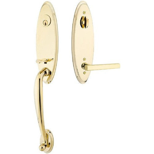 Emtek Marietta Tubular Entrance Handleset With Freestone Lever in Unlacquered Brass finish