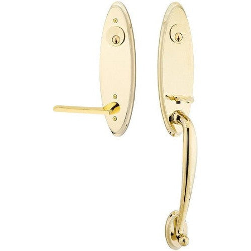 Emtek Marietta Tubular Entrance Handleset With Helios Lever in Unlacquered Brass finish