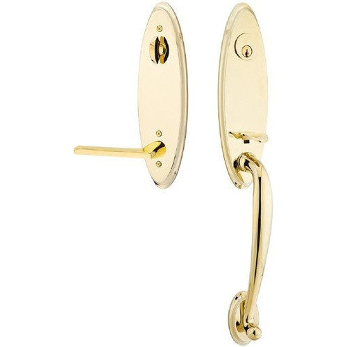 Emtek Marietta Tubular Entrance Handleset With Helios Lever in Unlacquered Brass finish