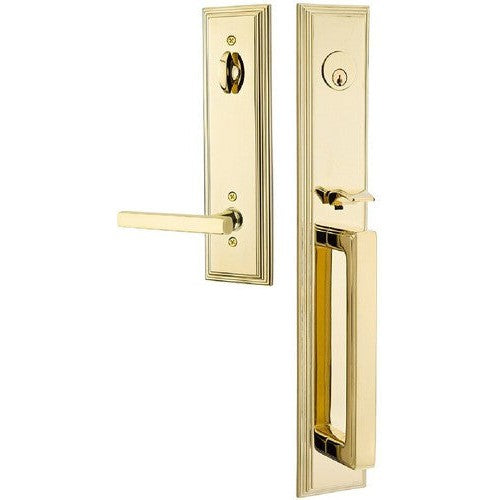 Emtek Melrose Tubular Entrance Handleset With Freestone Lever in Unlacquered Brass finish