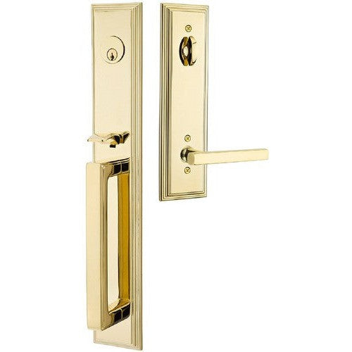 Emtek Melrose Tubular Entrance Handleset With Freestone Lever in Unlacquered Brass finish