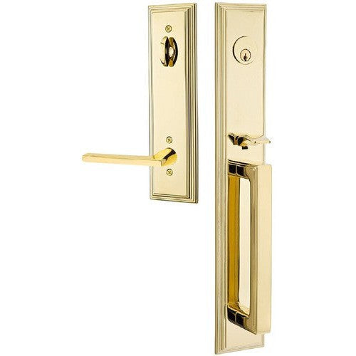 Emtek Melrose Tubular Entrance Handleset With Helios Lever in Unlacquered Brass finish