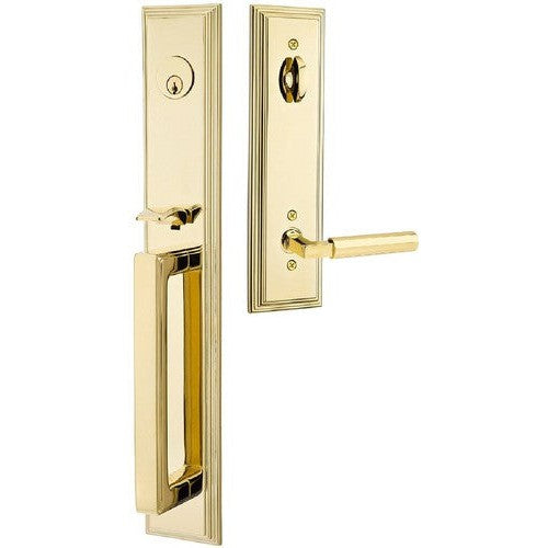 Emtek Melrose Tubular Entrance Handleset With Hercules Lever in Unlacquered Brass finish