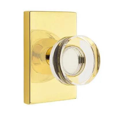 Emtek Modern Disc Crystal Knob with Modern Rectangular Rosette in Unlacquered Brass finish