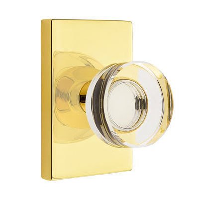 Emtek Modern Disc Crystal Knob with Modern Rectangular Rosette in Unlacquered Brass finish