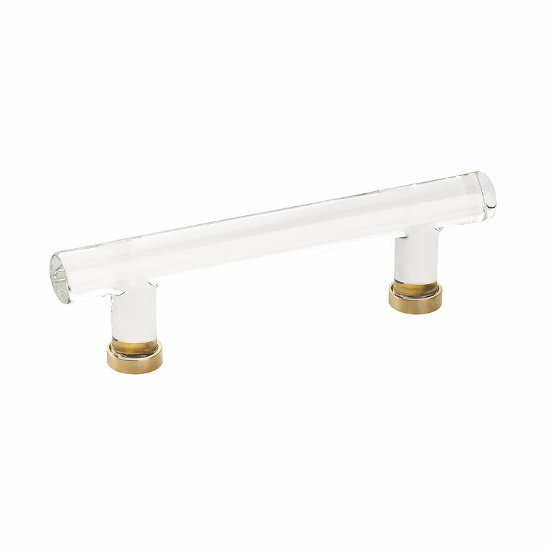 The Emtek Modern Glass Bar Cabinet Pull, 4" Center to Center in Unlacquered Brass finish