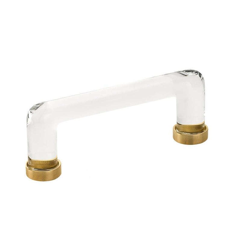 The Emtek Modern Glass Cabinet Pull, 4" Center to Center in Unlacquered Brass finish