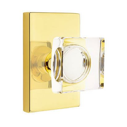 Emtek Modern Square Crystal Knob with Modern Rectangular Rosette in Unlacquered Brass finish