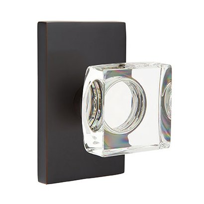 Emtek Modern Square Crystal Knob with Modern Rectangular Rosette in Unlacquered Brass finish