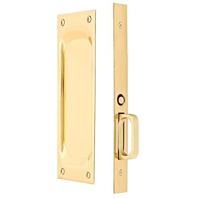 The Emtek Passage Classic Pocket Door Mortise Lock in Unlacquered Brass finish