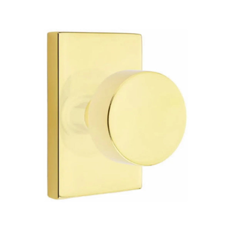 Emtek Round Knob With Modern Rectangular Rosette in Unlacquered Brass finish