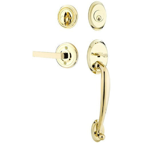 Emtek Saratoga Tubular Entrance Handleset With Dumont Lever in Unlacquered Brass finish