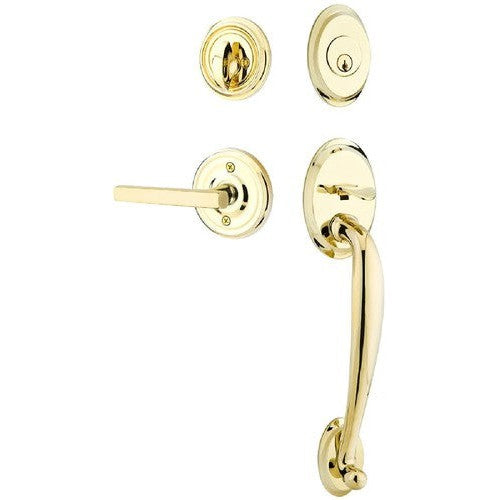 Emtek Saratoga Tubular Entrance Handleset With Freestone Lever in Unlacquered Brass finish