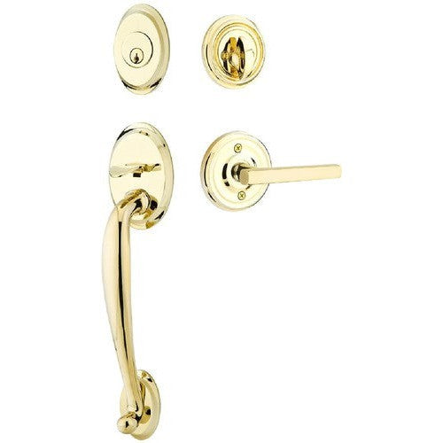 Emtek Saratoga Tubular Entrance Handleset With Freestone Lever in Unlacquered Brass finish