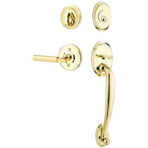 Emtek Saratoga Tubular Entrance Handleset With Hercules Lever in Unlacquered Brass finish