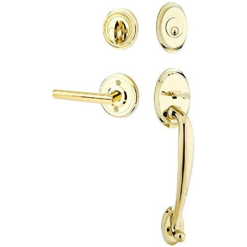 Emtek Saratoga Tubular Entrance Handleset With Stuttgart Lever in Unlacquered Brass finish