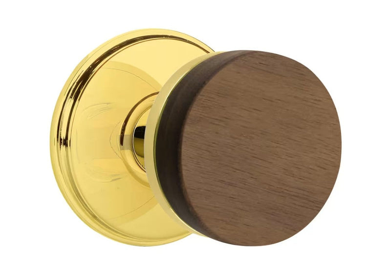 Emtek Select Conical Dark Walnut Knob with Watford Rosette in Unlacquered Brass finish