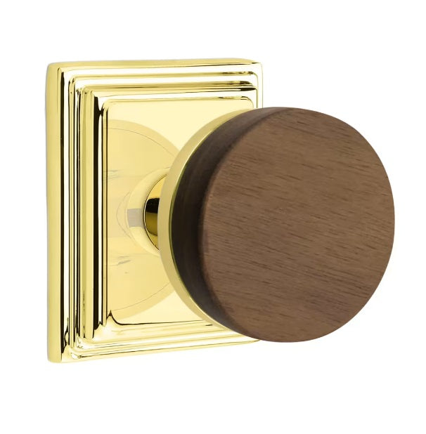 Emtek Select Conical Dark Walnut Knob with Wilshire Rosette in Unlacquered Brass finish