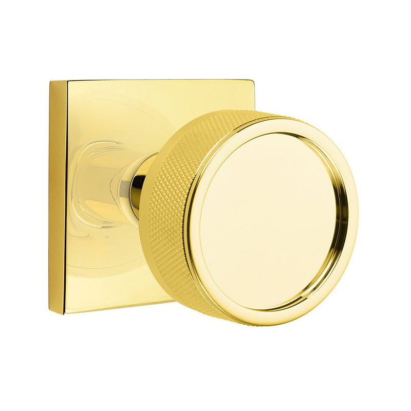 Emtek Select Conical Knurled Knob with Square Rosette in Unlacquered Brass finish