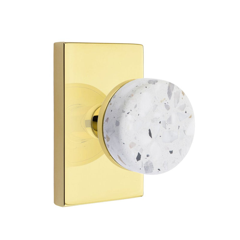 Emtek Select Conical Terrazzo Knob with Modern Rectangular Rosette in Unlacquered Brass finish