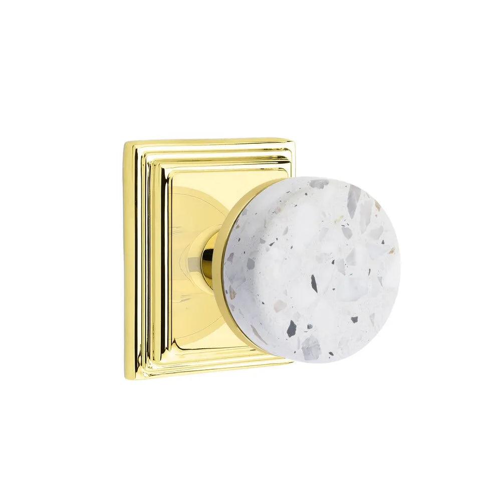 Emtek Select Conical Terrazzo Knob with Wilshire Rosette in Unlacquered Brass finish