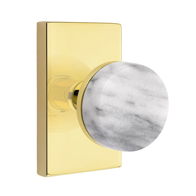 Emtek Select Conical White Marble Knob with Modern Rectangular Rosette in Unlacquered Brass finish