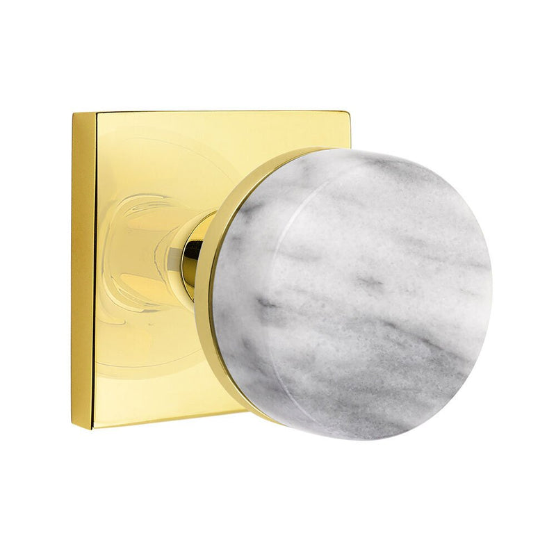 Emtek Select Conical White Marble Knob with Square Rosette in Unlacquered Brass finish