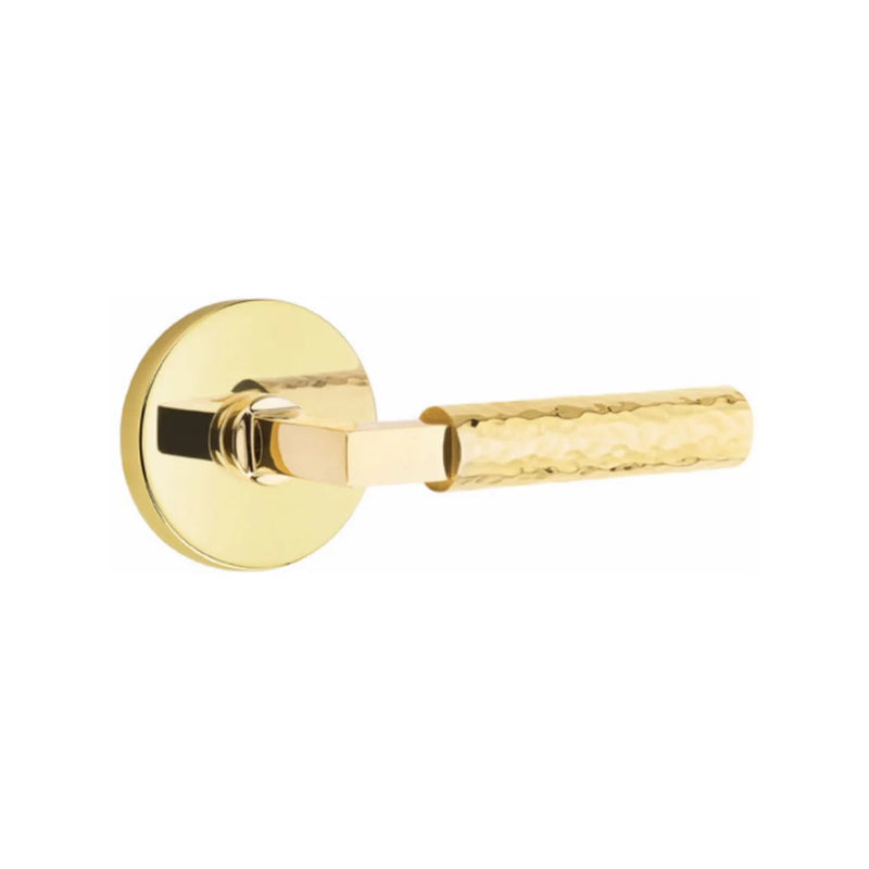 Emtek Select L-Square Hammered Lever with Disk Rosette in Unlacquered Brass finish