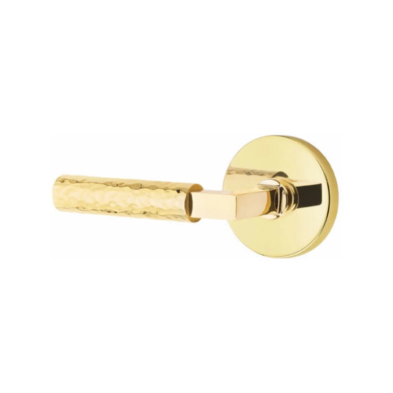 Emtek Select L-Square Hammered Lever with Disk Rosette in Unlacquered Brass finish